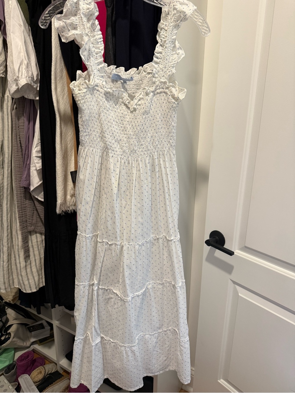 Hill House White Dress with Pale Blue Dot Detail